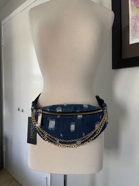 Denim Distressed Chain Belt Bag - Vegan